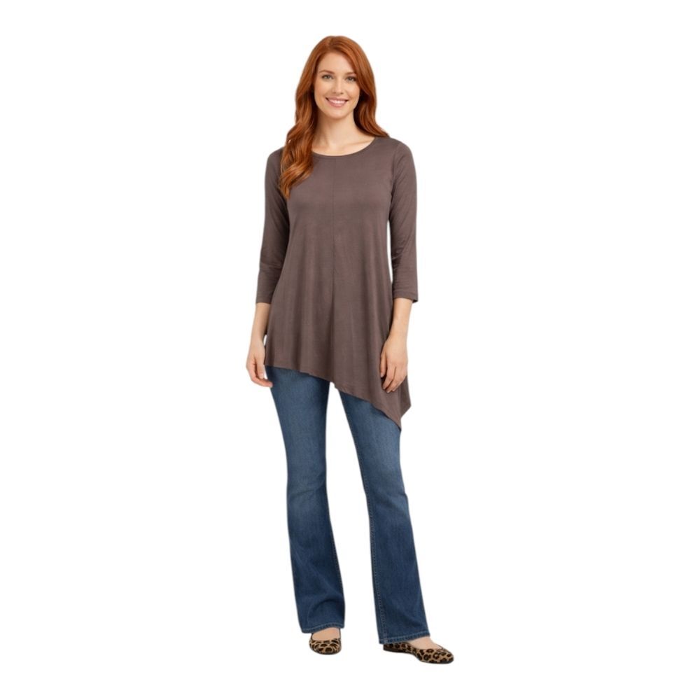 Eileen Fisher mushroom brown asymmetrical tunic shirt made in USA size small